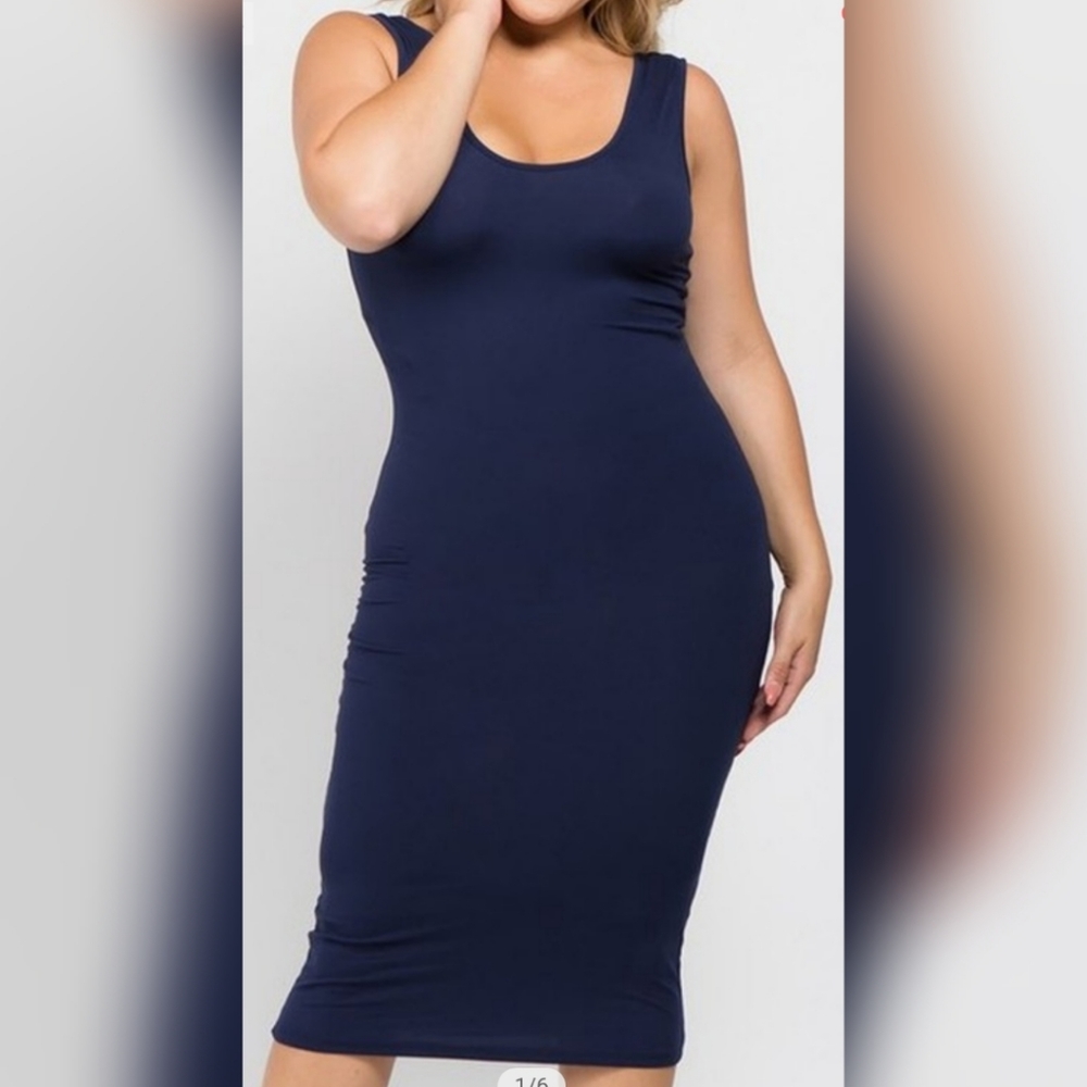 Navy Solid Round Neckline Dress Plus